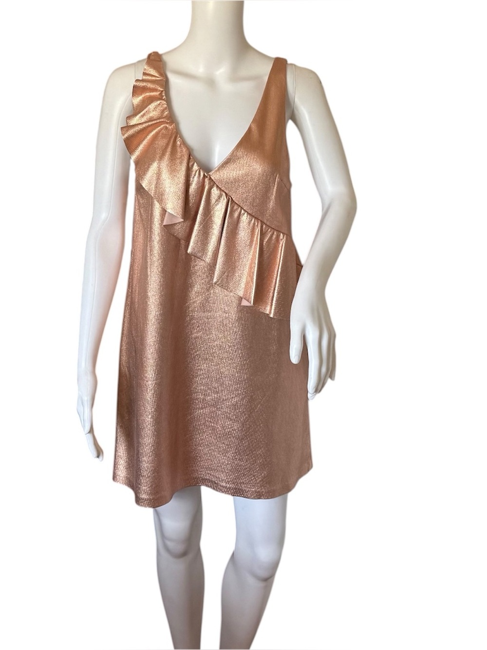 Zara Women's Cocktail Dress Sz M metallic Pink Sleeveless V-Neck and Ruffles